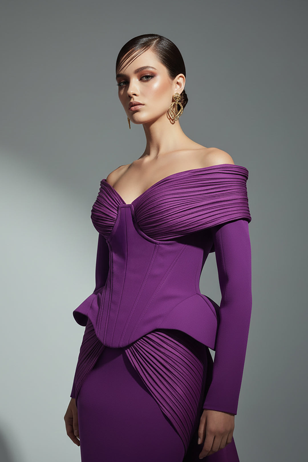 Off-The-Shoulder Crepe Dress with Animal-Print Drape