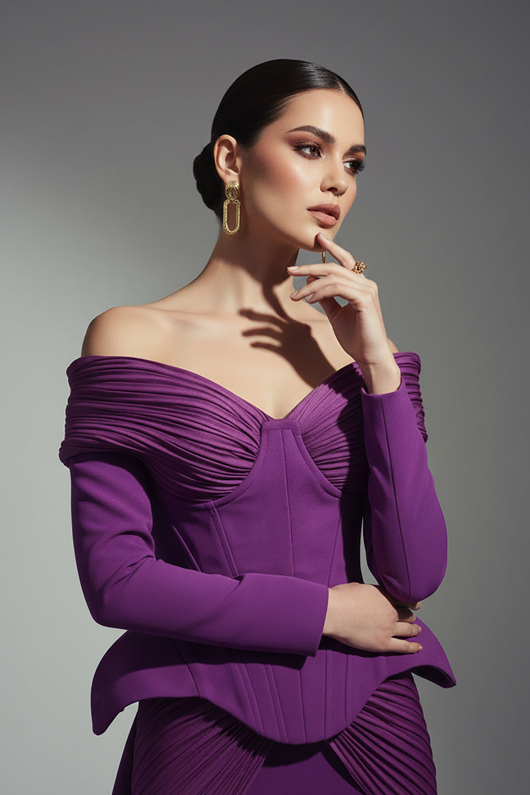 Off-The-Shoulder Crepe Dress with Animal-Print Drape