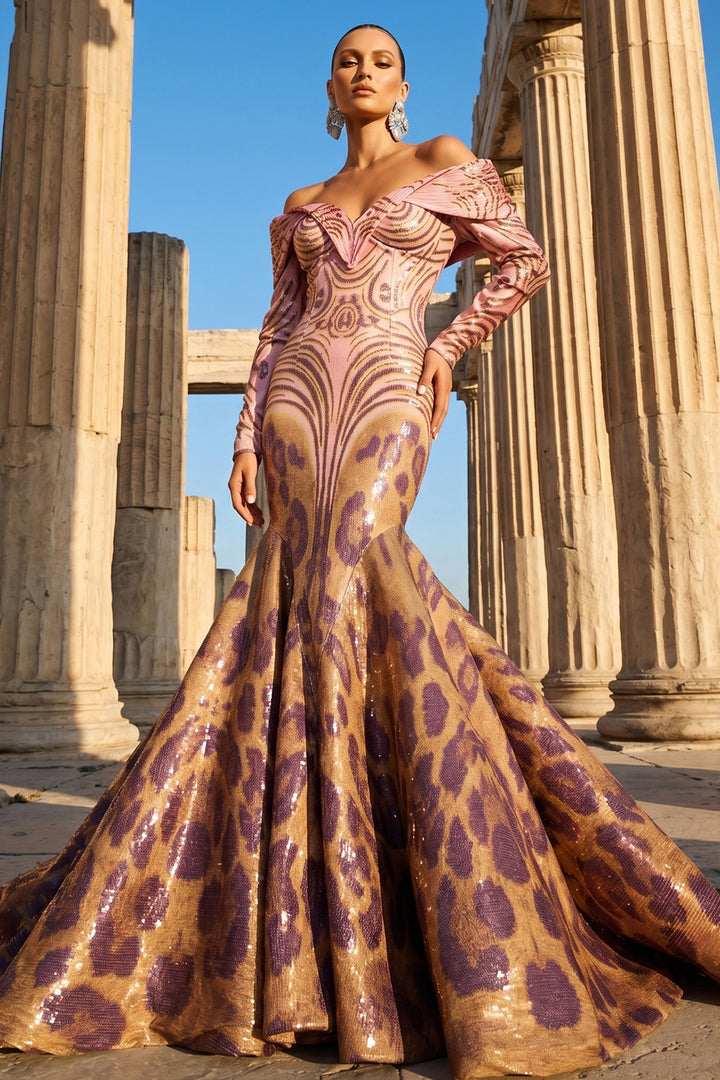 Off-The-Shoulder Sequinned Leopard Mermaid Dress