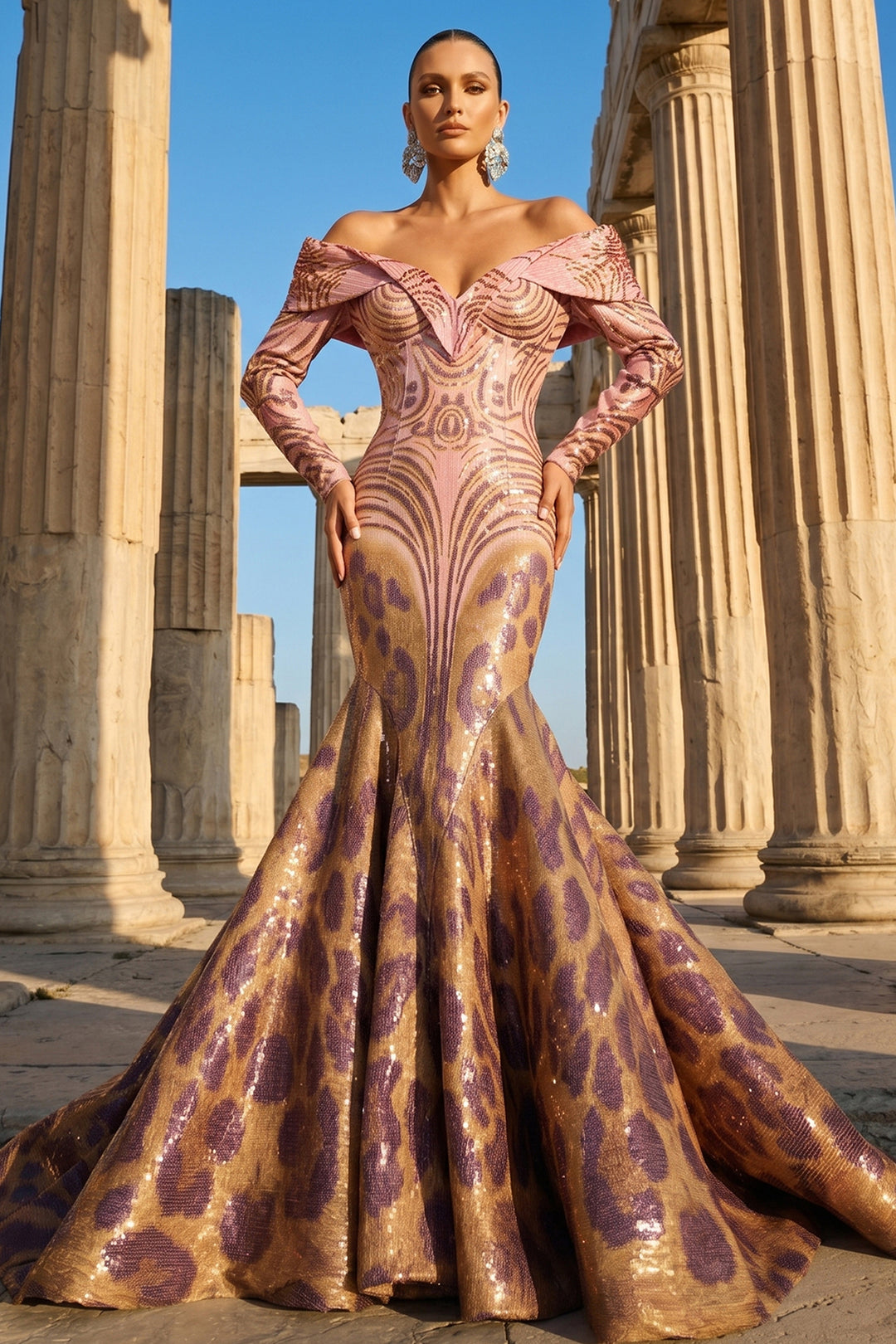 Off-The-Shoulder Sequinned Leopard Mermaid Dress