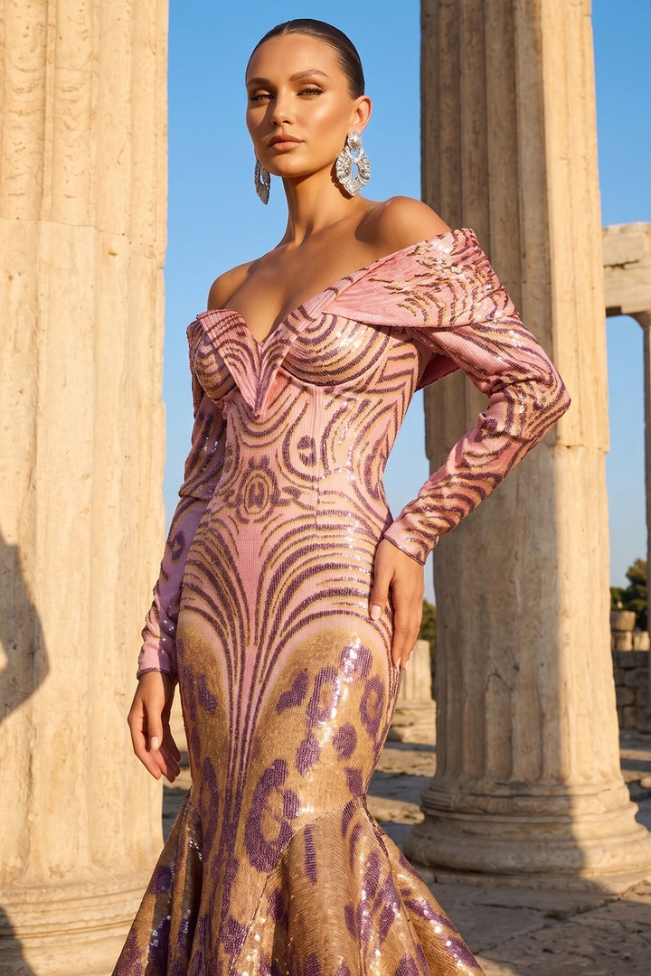 Off-The-Shoulder Sequinned Leopard Mermaid Dress