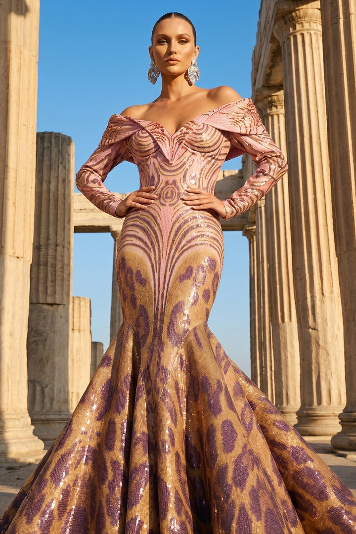 Off-The-Shoulder Sequinned Leopard Mermaid Dress