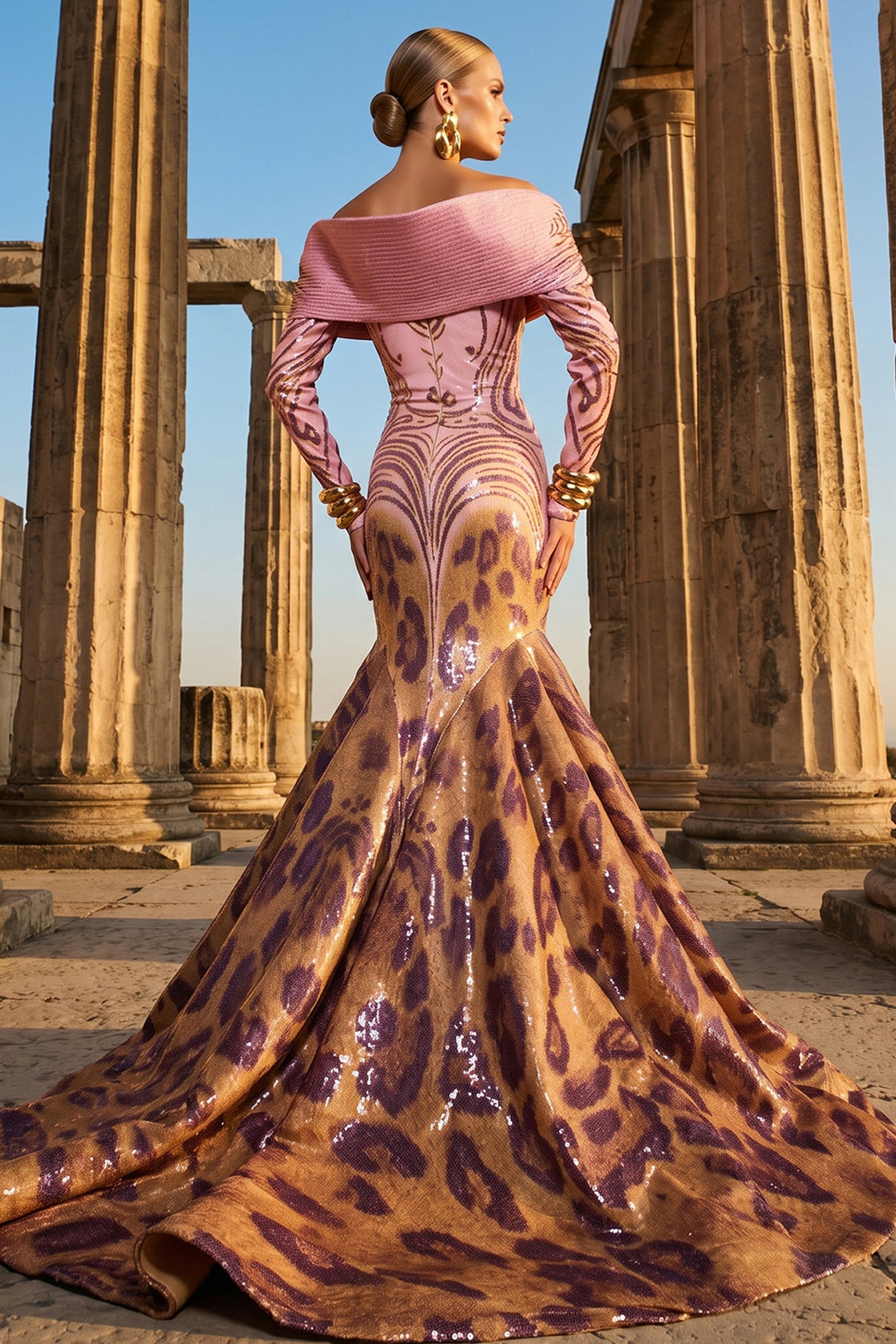 Off-The-Shoulder Sequinned Leopard Mermaid Dress