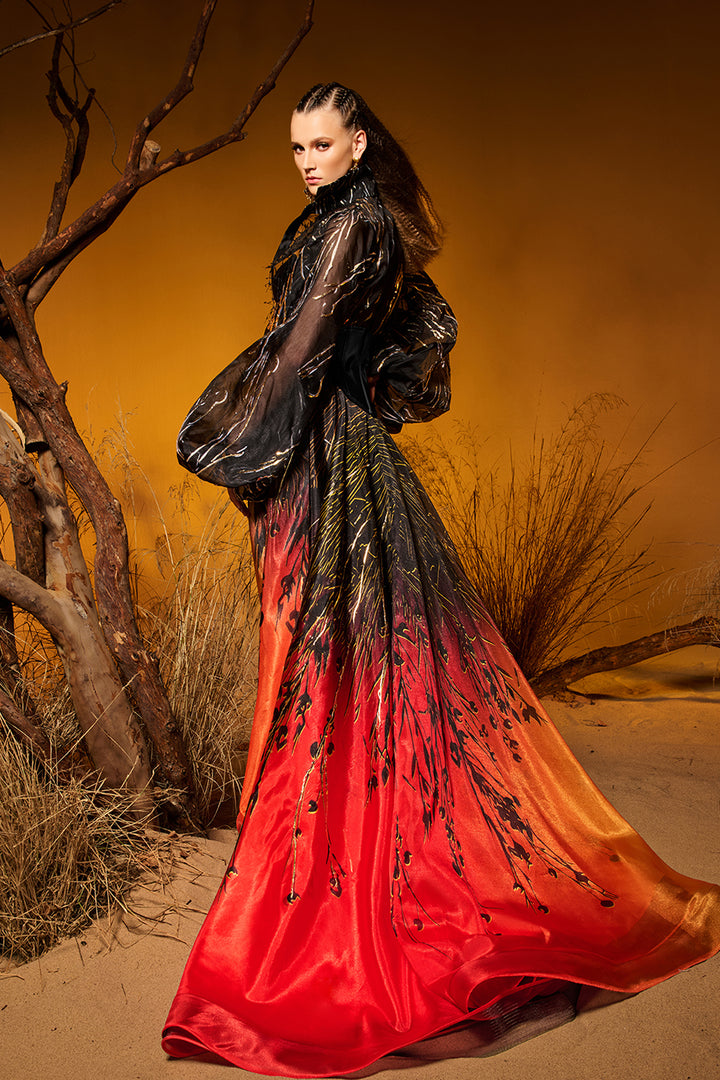 Hand-Painted Dress with Sheer Organza Details