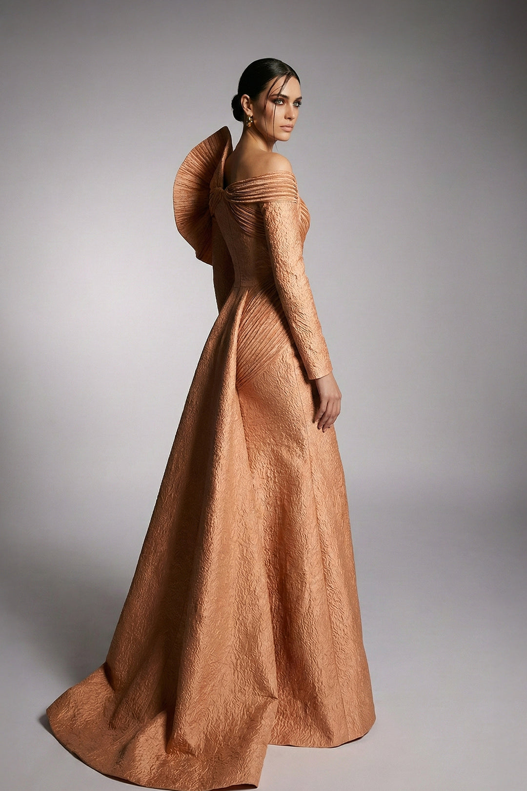 Off-The-Shoulder Jacquard Dress with Pleated Detailing