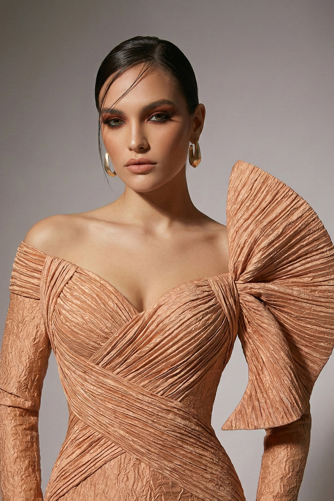 Off-The-Shoulder Jacquard Dress with Pleated Detailing