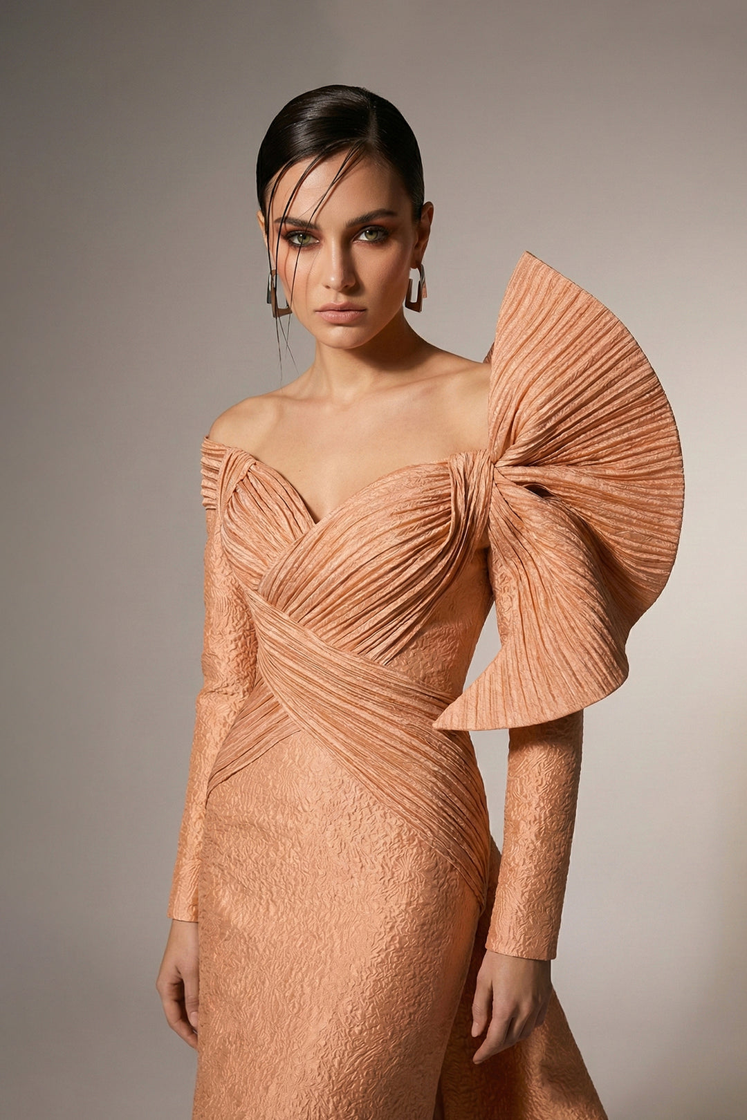 Off-The-Shoulder Jacquard Dress with Pleated Detailing