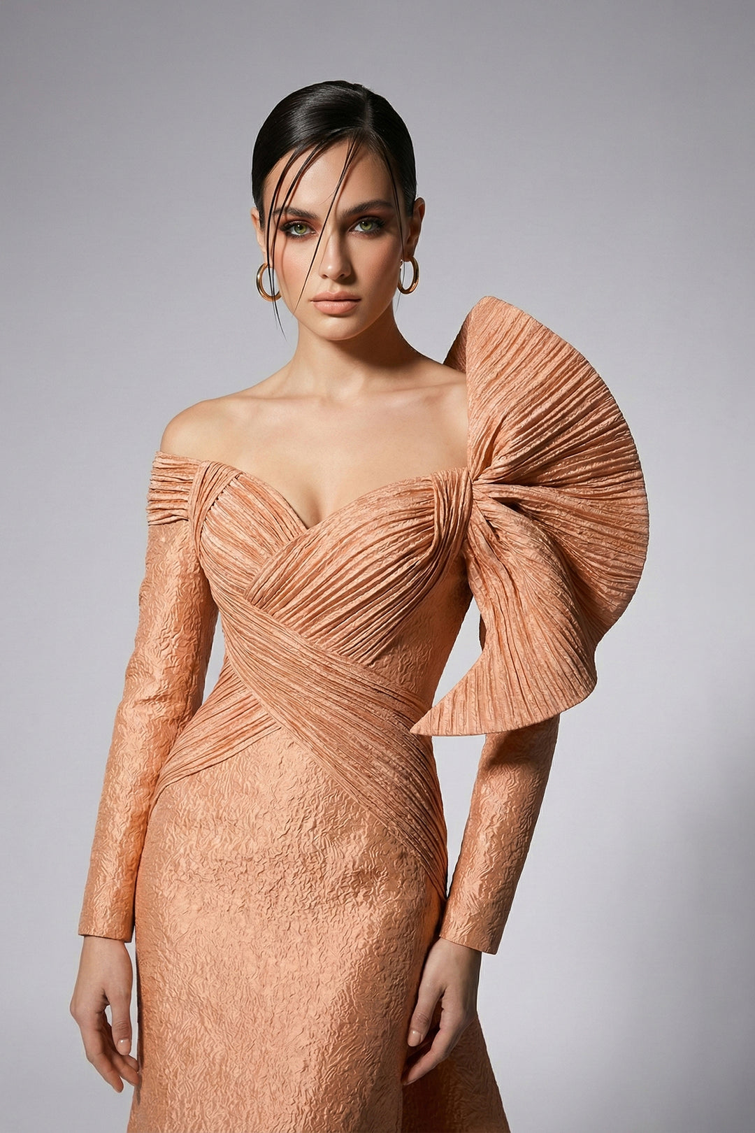 Off-The-Shoulder Jacquard Dress with Pleated Detailing