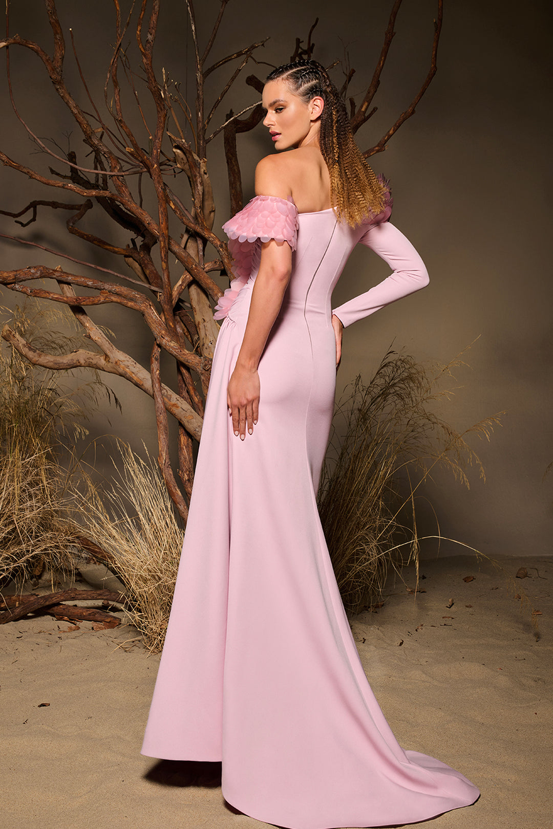 Off-The-Shoulder Dress with Fish-Scale Embellished Neckline