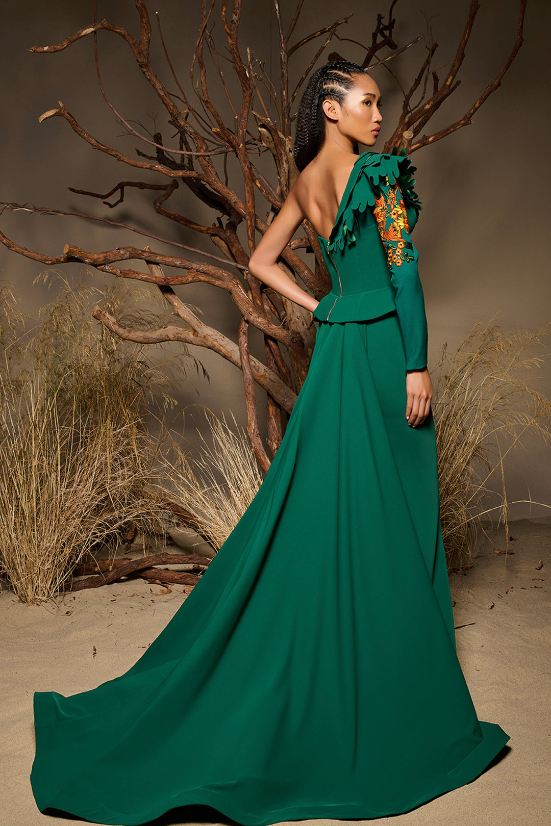 Structured Crepe Dress with Peplum Waist and Floral Embroidery