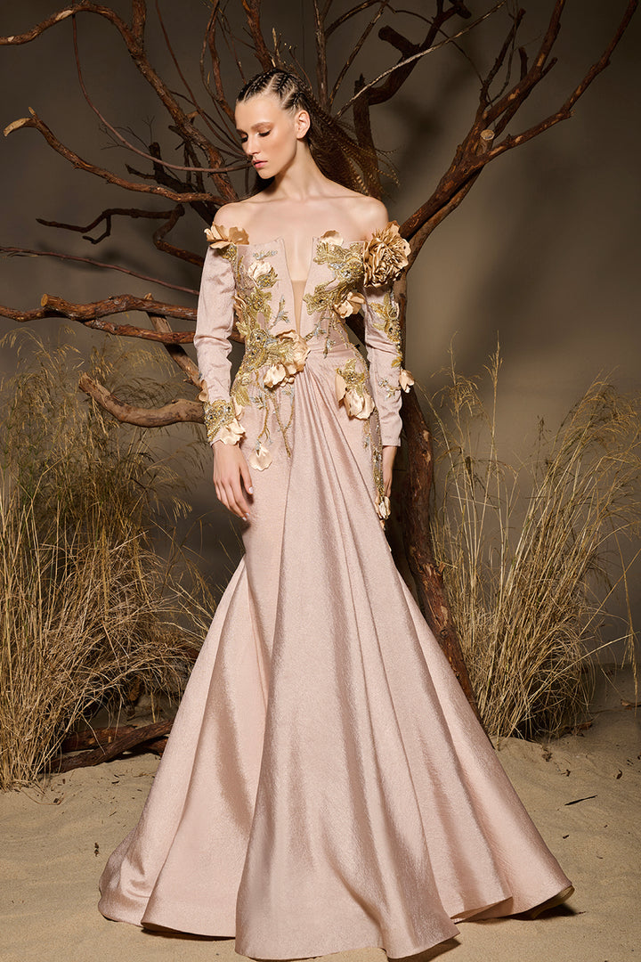 Illusion-V Dress with Corseted Bodice and Floral Embroidery