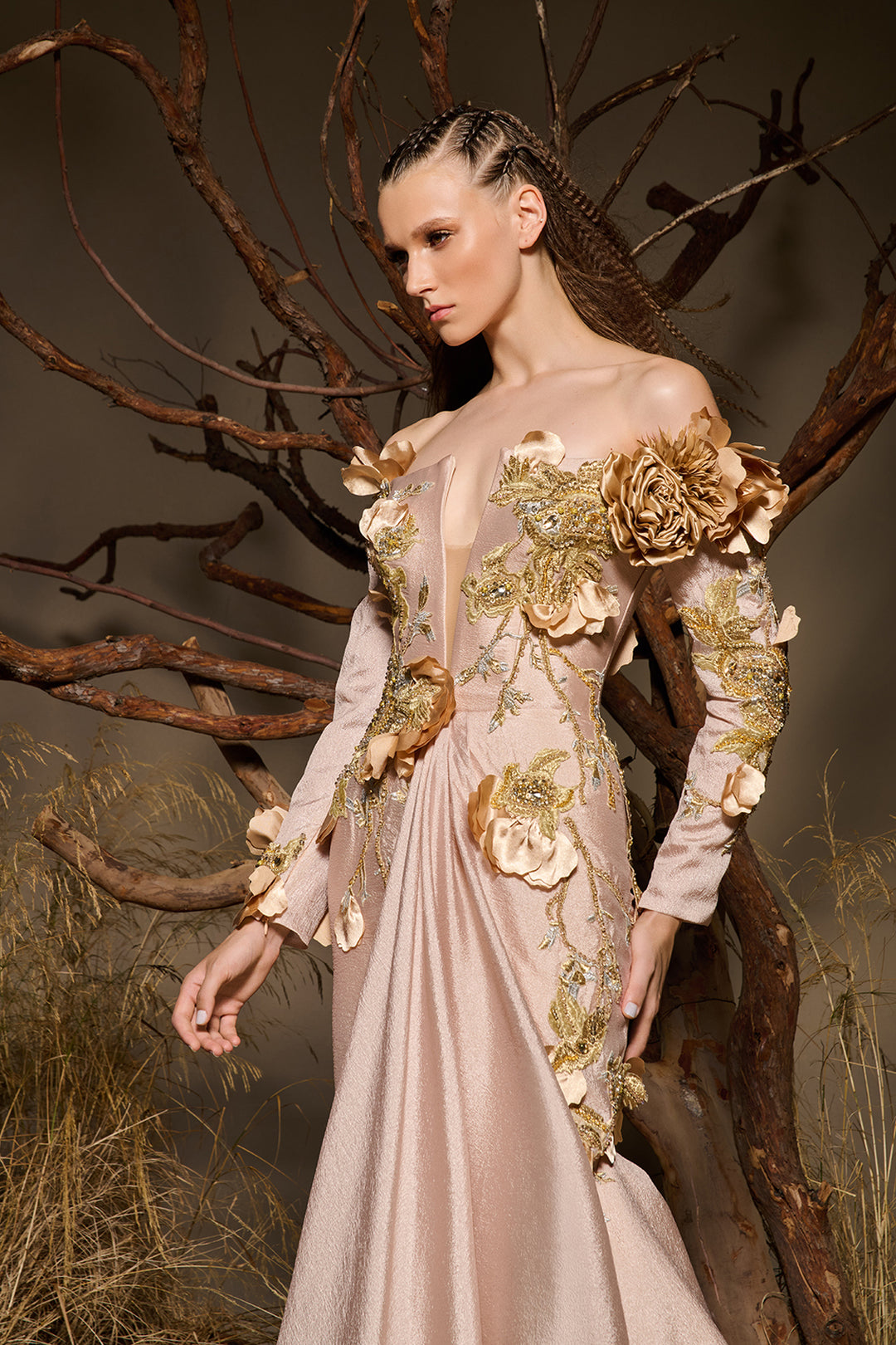 Illusion-V Dress with Corseted Bodice and Floral Embroidery