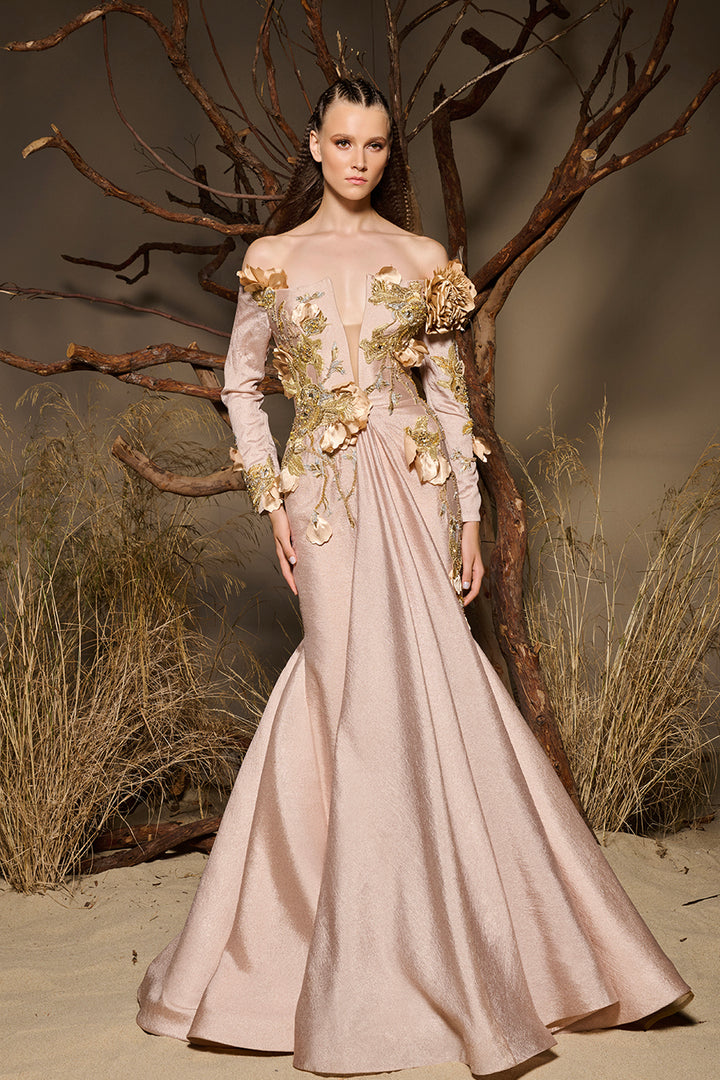 Illusion-V Dress with Corseted Bodice and Floral Embroidery