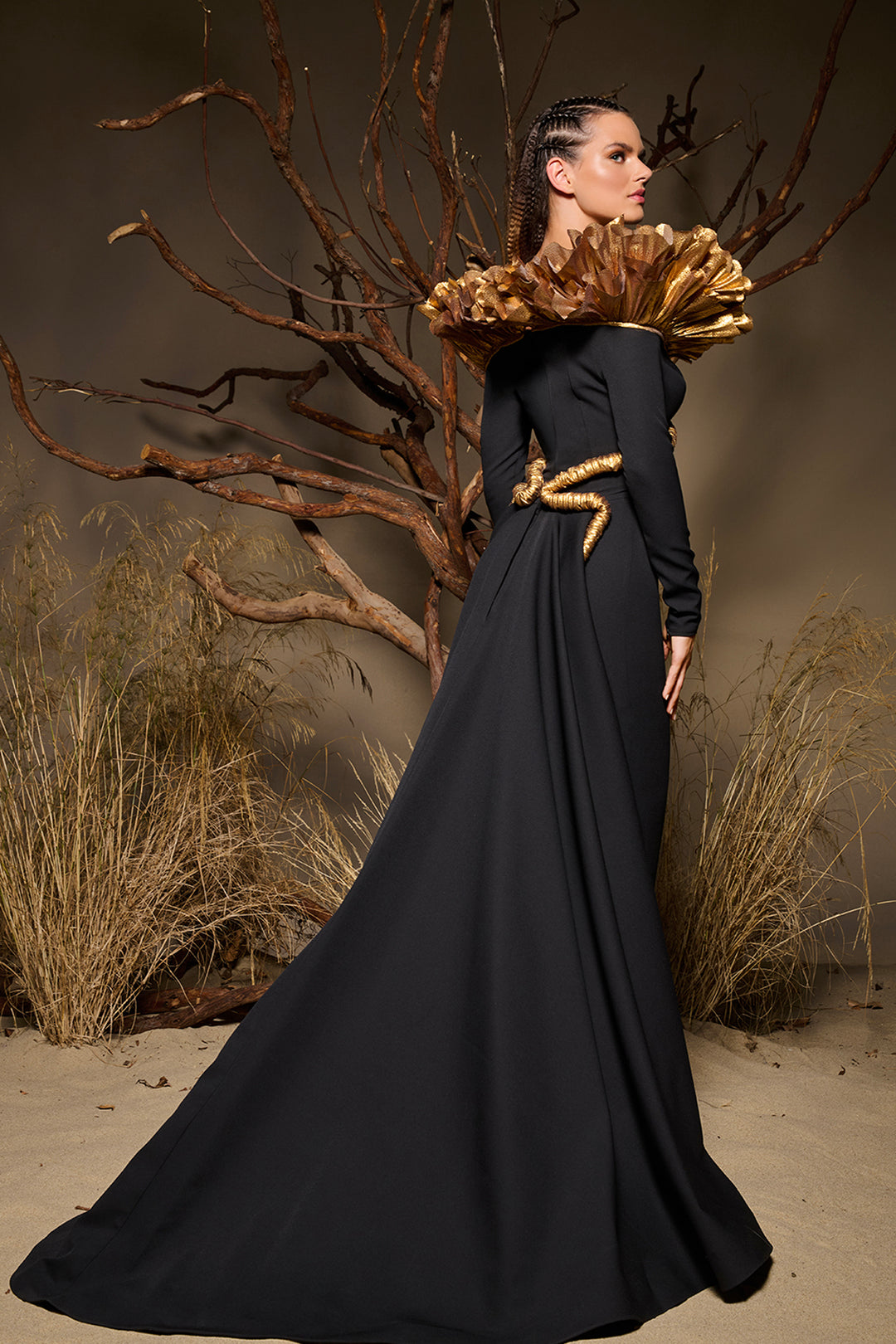 Structured Bodice Dress with Ruffles and Sculptural Detailing