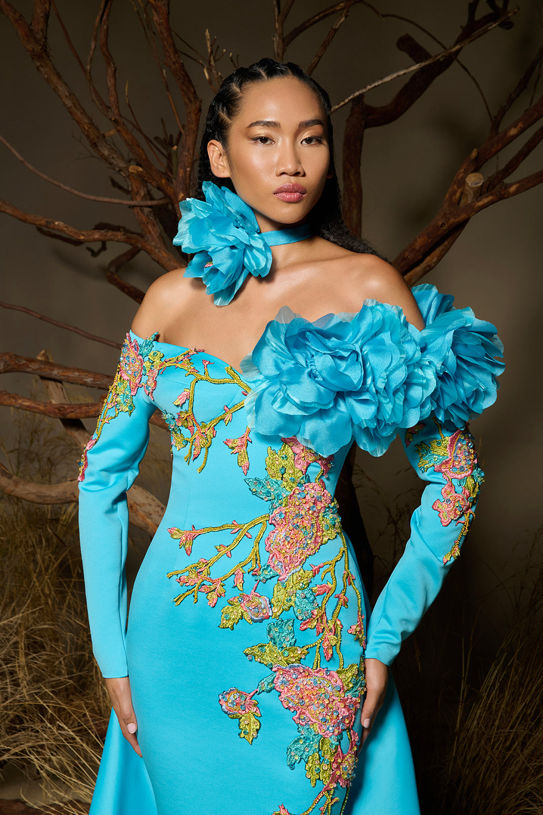 Off-The-Shoulder Dress with Hand-Embroidered Floral Appliqués