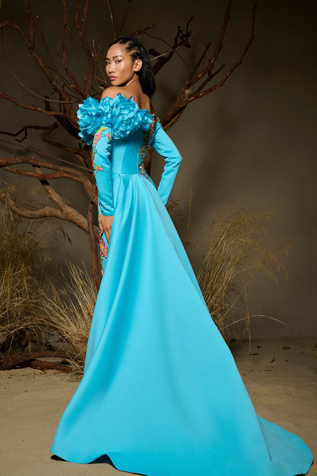 Off-The-Shoulder Dress with Hand-Embroidered Floral Appliqués