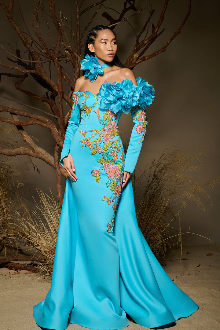 Off-The-Shoulder Dress with Hand-Embroidered Floral Appliqués