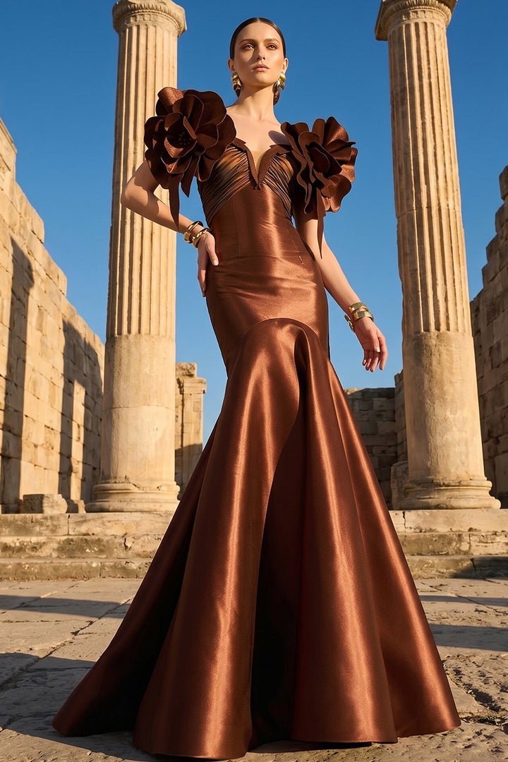 Off-The-Shoulder Satin Dress with Large 3D Floral Embellishments