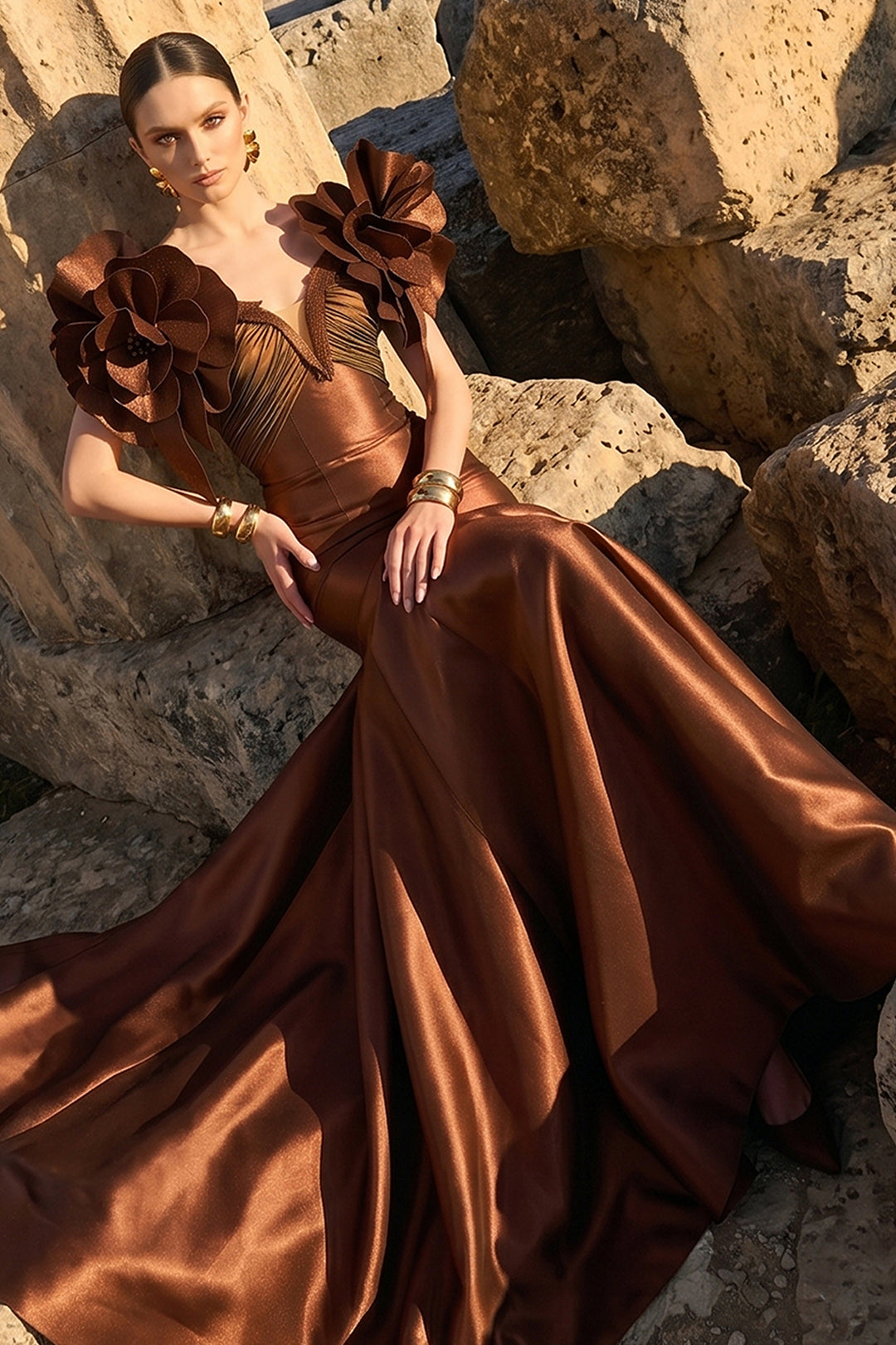 Off-The-Shoulder Satin Dress with Large 3D Floral Embellishments