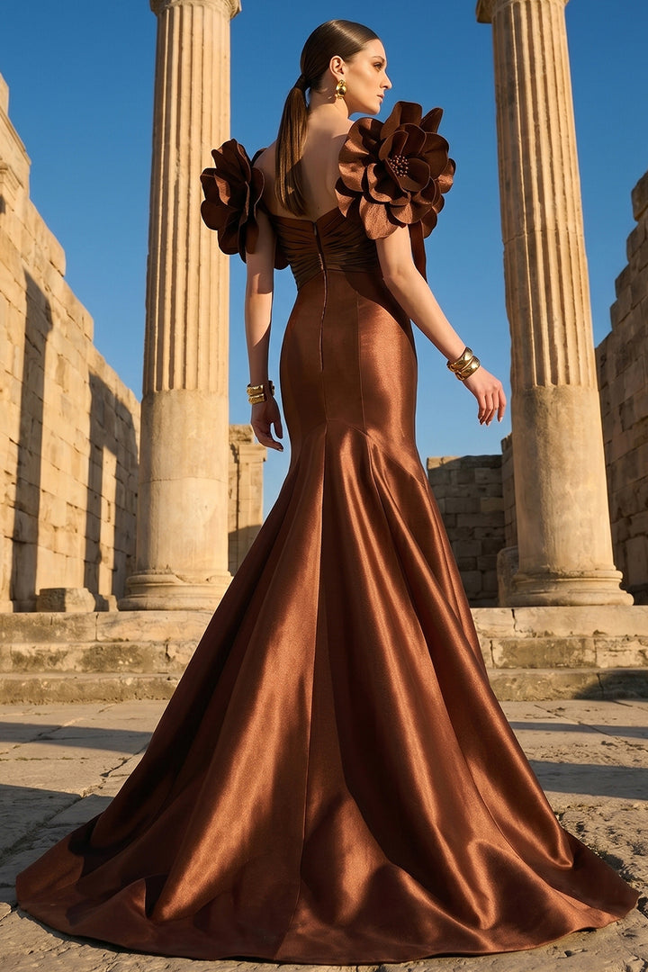 Off-The-Shoulder Satin Dress with Large 3D Floral Embellishments