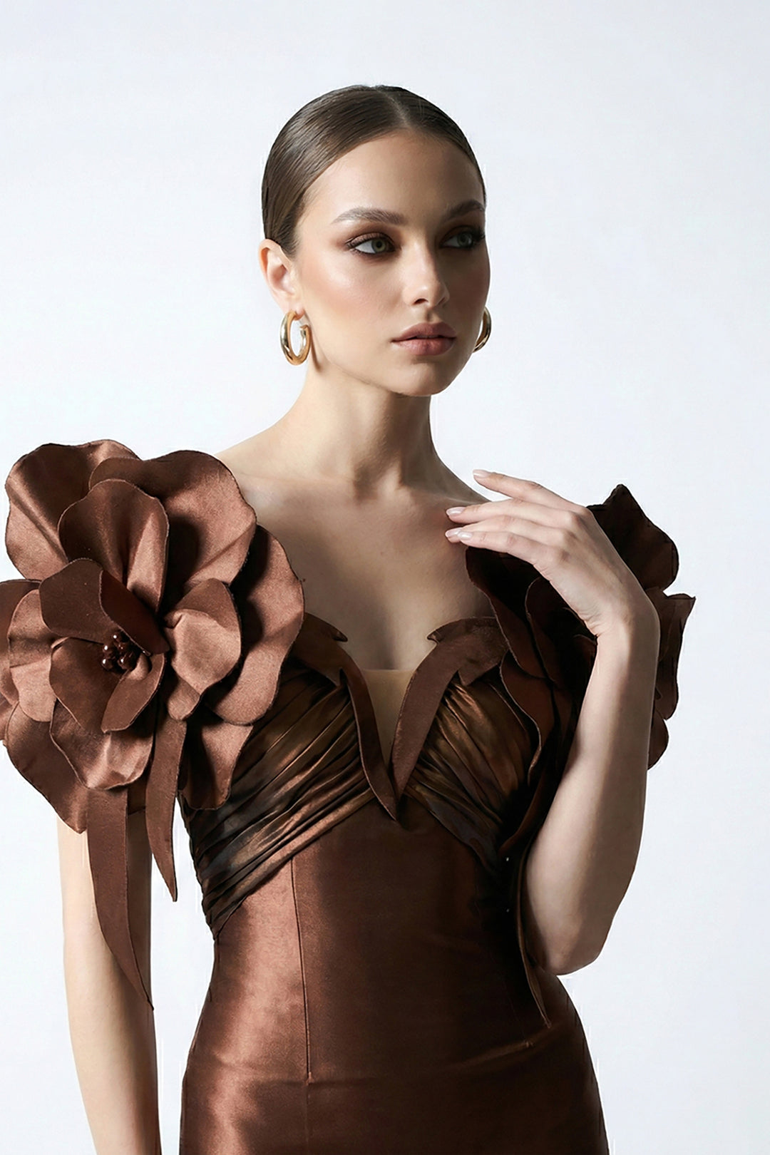 Off-The-Shoulder Satin Dress with Large 3D Floral Embellishments