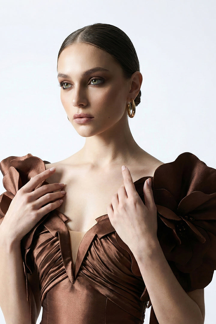 Off-The-Shoulder Satin Dress with Large 3D Floral Embellishments