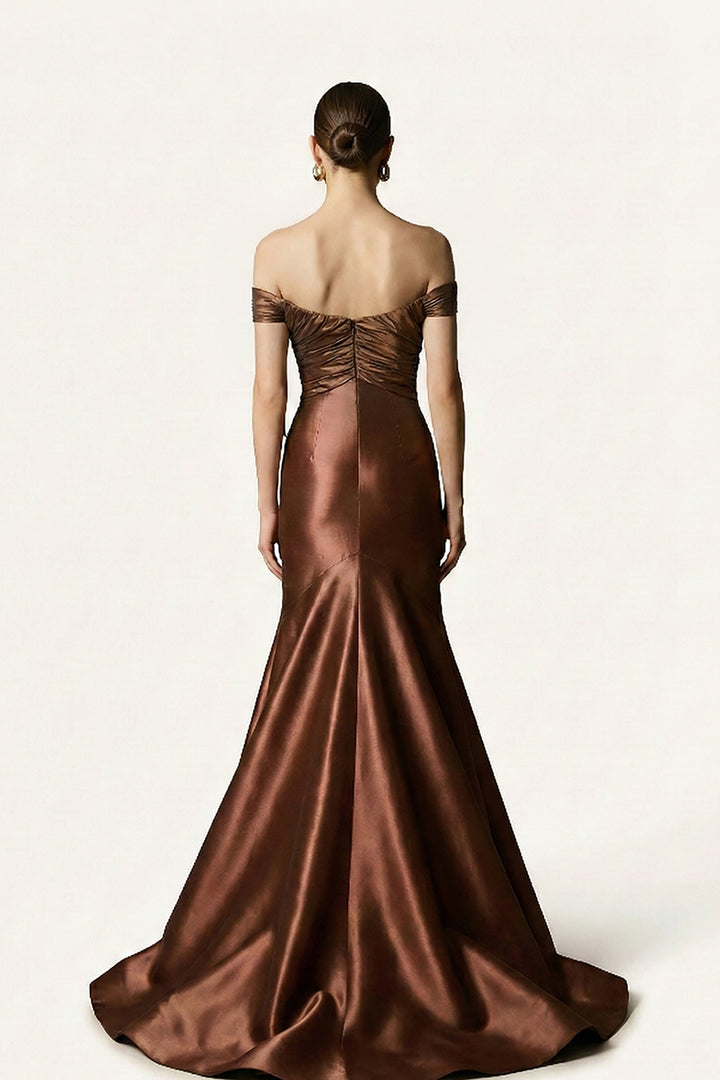 Off-The-Shoulder Satin Dress with Large 3D Floral Embellishments