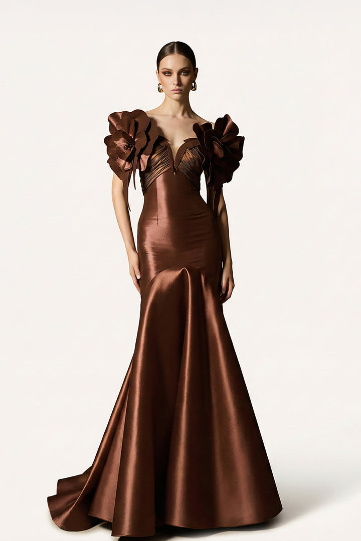 Off-The-Shoulder Satin Dress with Large 3D Floral Embellishments