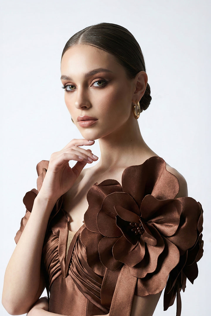 Off-The-Shoulder Satin Dress with Large 3D Floral Embellishments