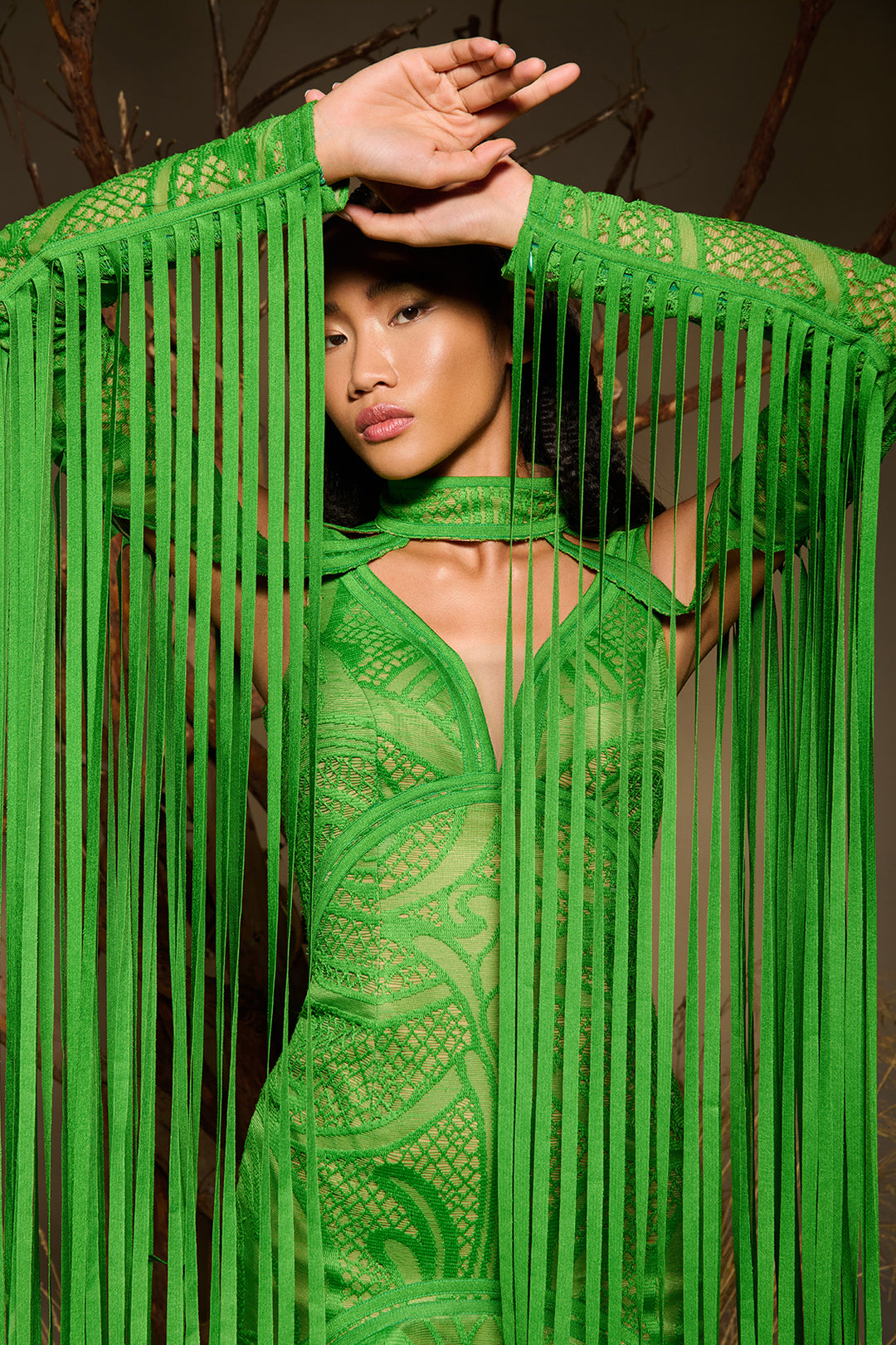 Lace-Detail Mermaid Dress with Fringe Sleeves