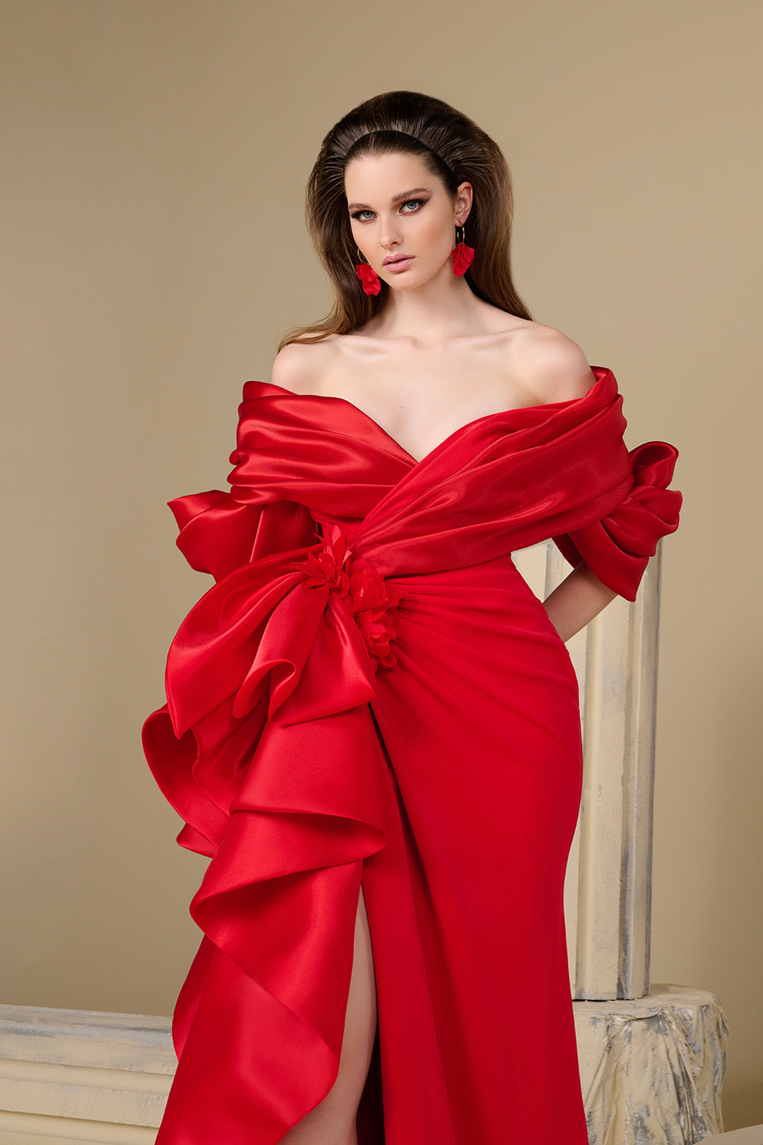 Off-The-Shoulder Satin Dress with Sculpted Fold