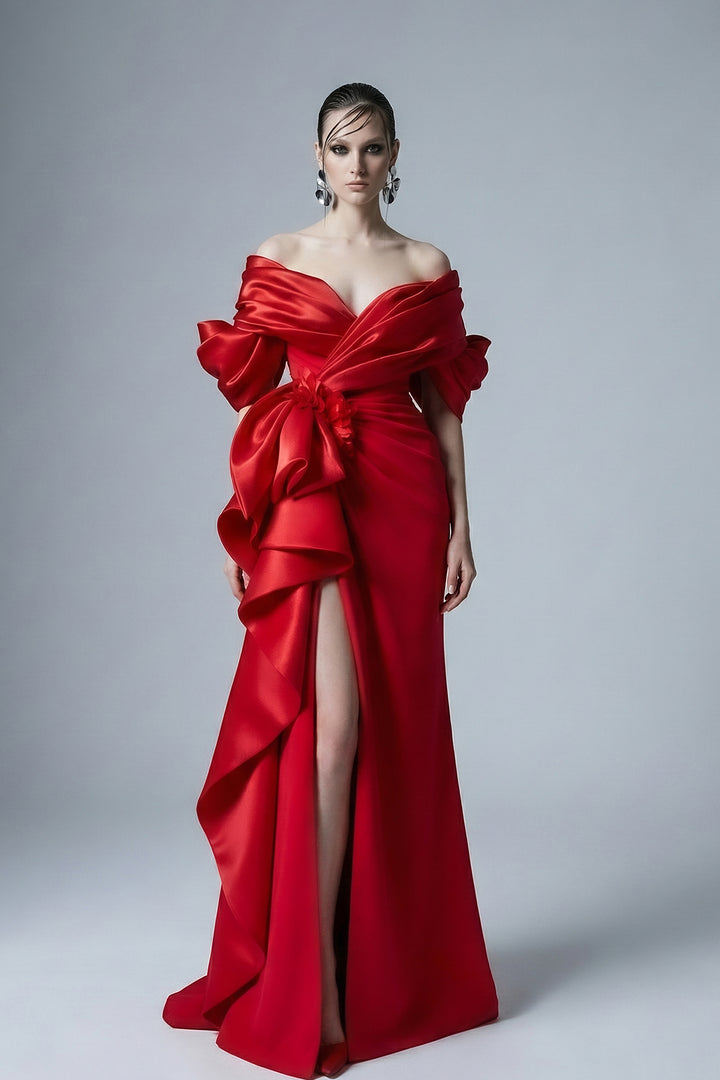 Off-The-Shoulder Satin Dress with Sculpted Fold