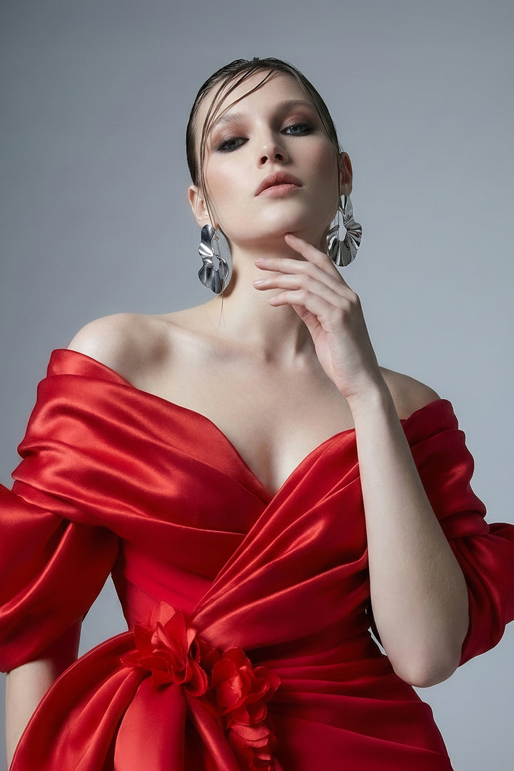 Off-The-Shoulder Satin Dress with Sculpted Fold