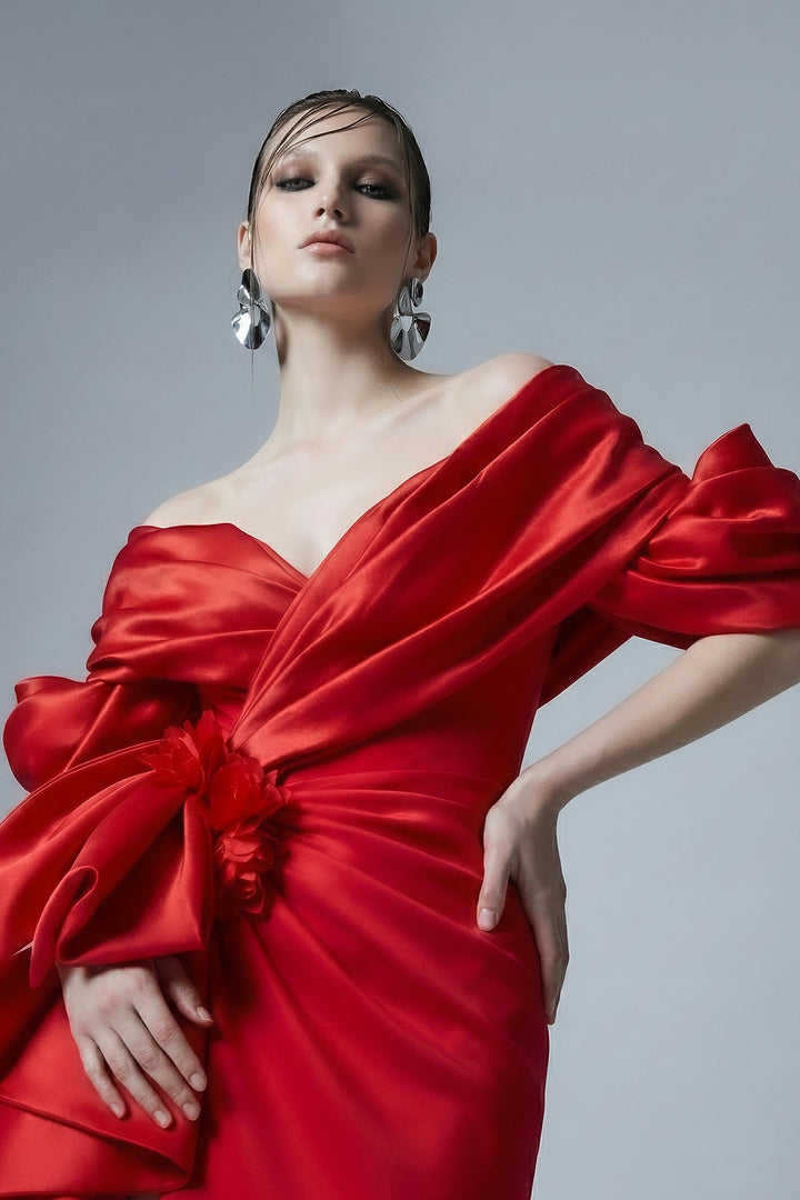 Off-The-Shoulder Satin Dress with Sculpted Fold