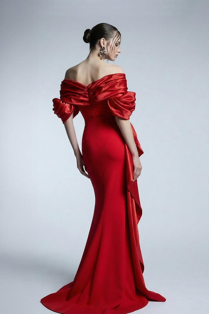 Off-The-Shoulder Satin Dress with Sculpted Fold
