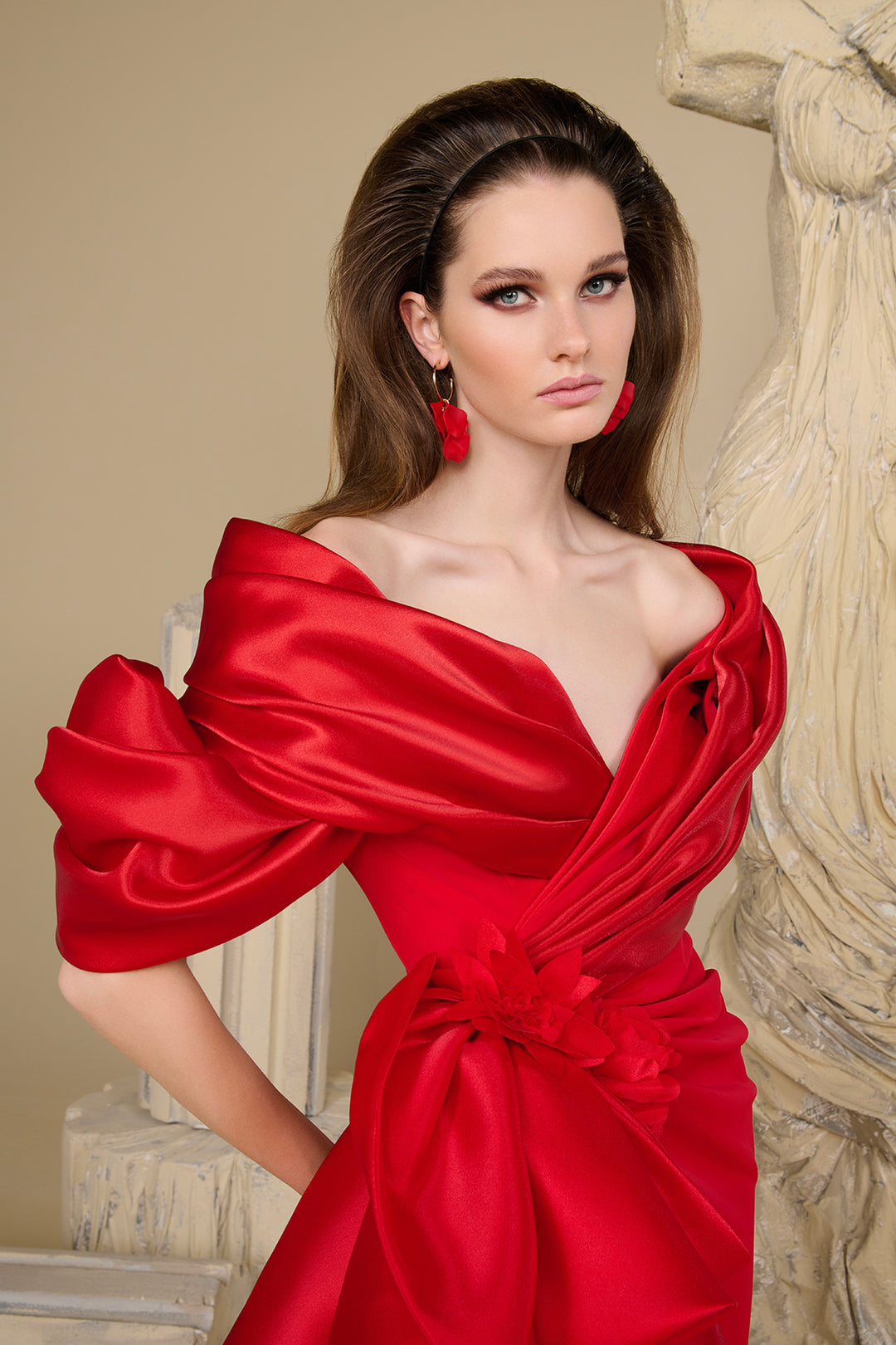 Off-The-Shoulder Satin Dress with Sculpted Fold