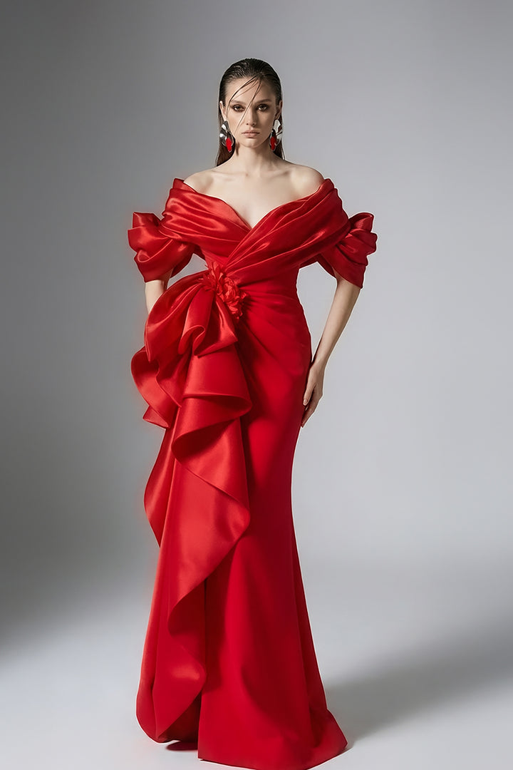 Off-The-Shoulder Satin Dress with Sculpted Fold