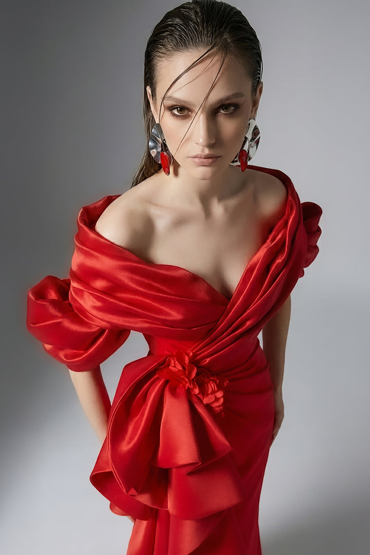 Off-The-Shoulder Satin Dress with Sculpted Fold
