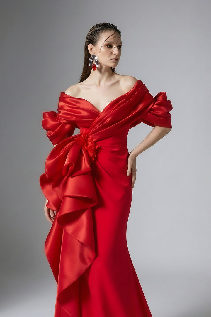 Off-The-Shoulder Satin Dress with Sculpted Fold