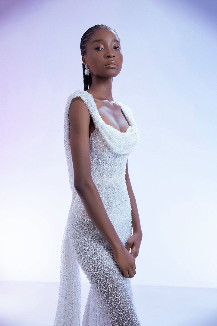 Off-White Sheer Crystal-Embellished Mermaid Gown