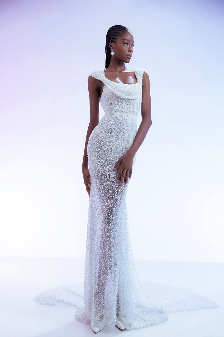 Off-White Sheer Crystal-Embellished Mermaid Gown