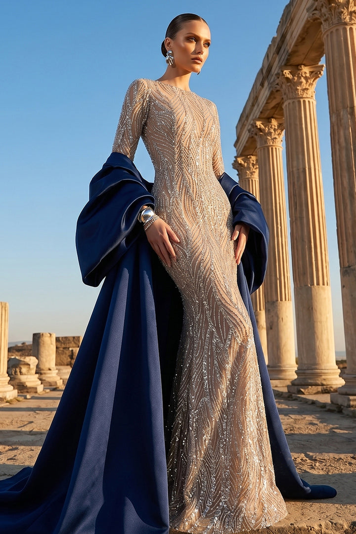 Mermaid Silhouette Long Dress with Cape