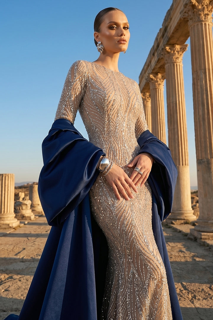 Mermaid Silhouette Long Dress with Cape
