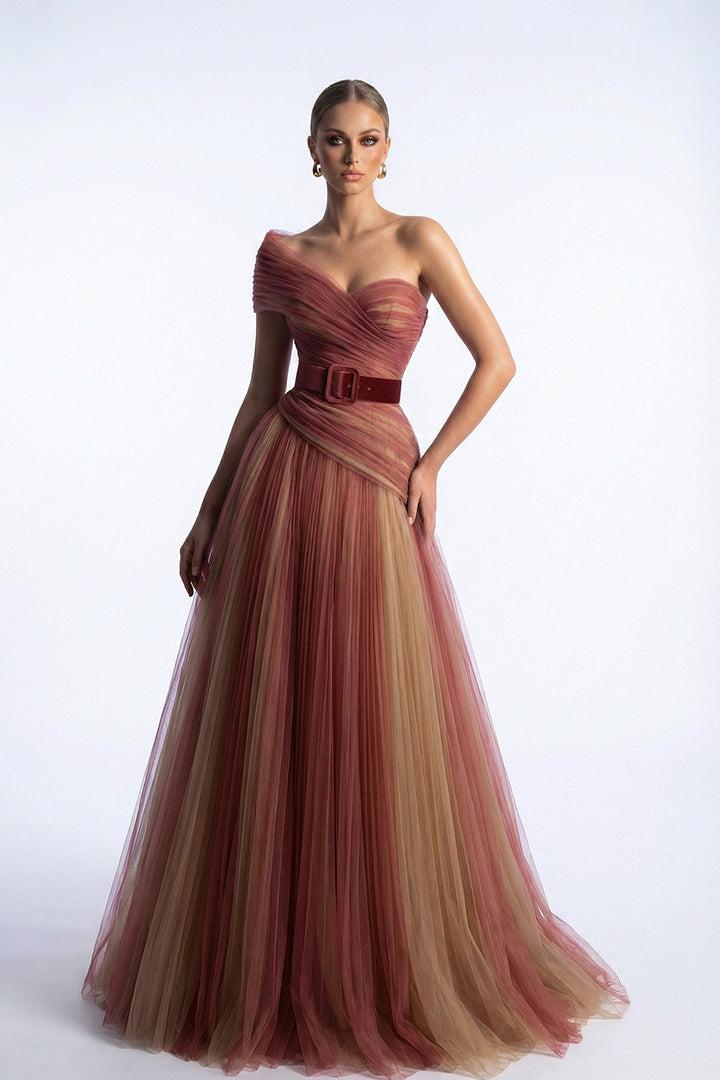 One-Shoulder Belted A-Line Dress