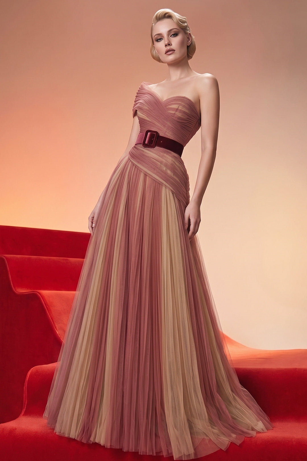 One-Shoulder Belted A-Line Dress