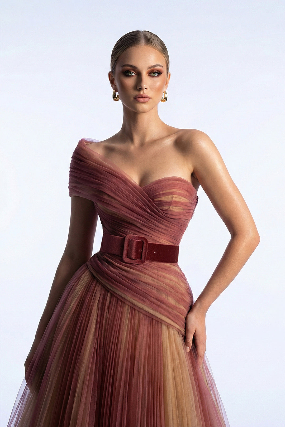 One-Shoulder Belted A-Line Dress