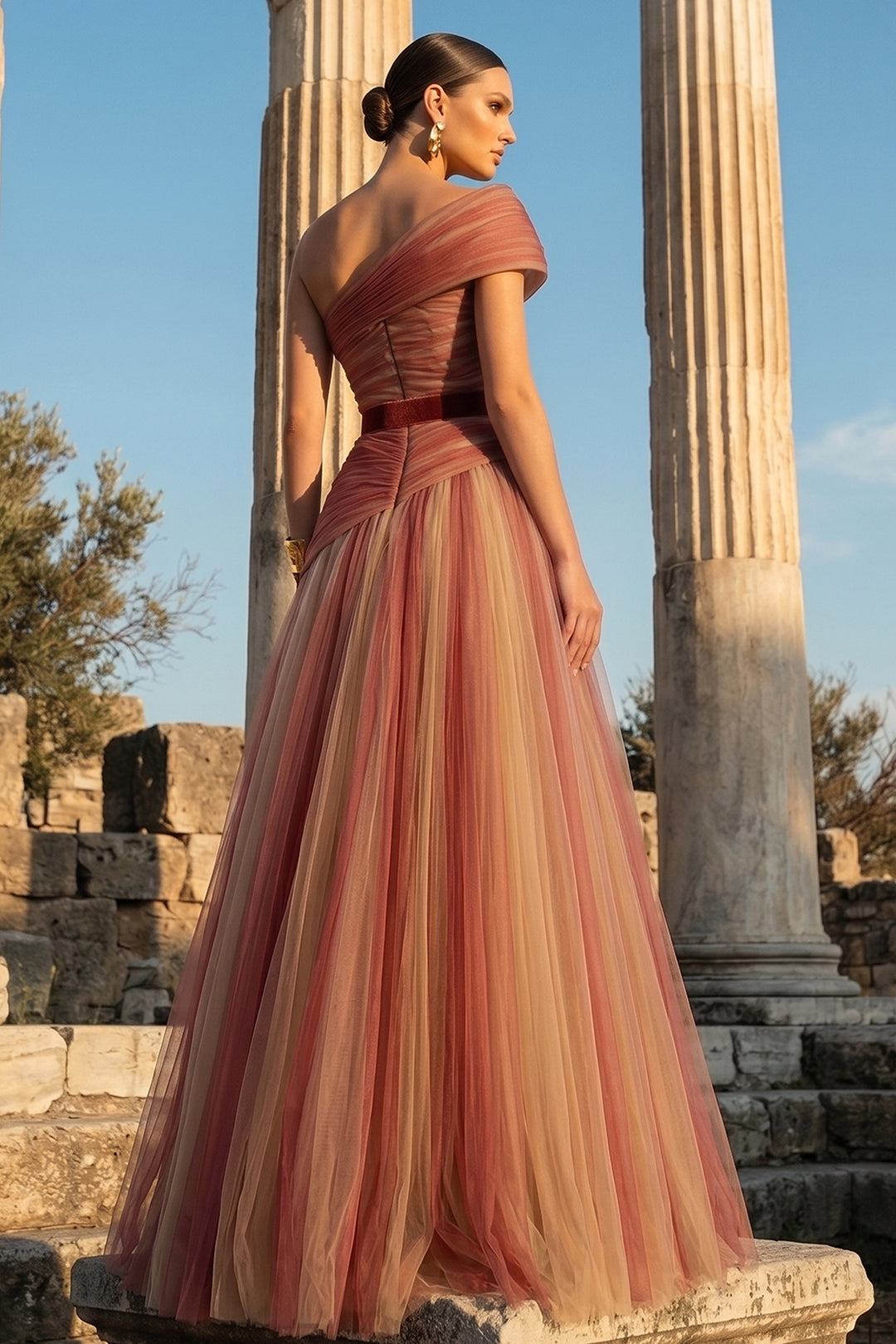 One-Shoulder Belted A-Line Dress