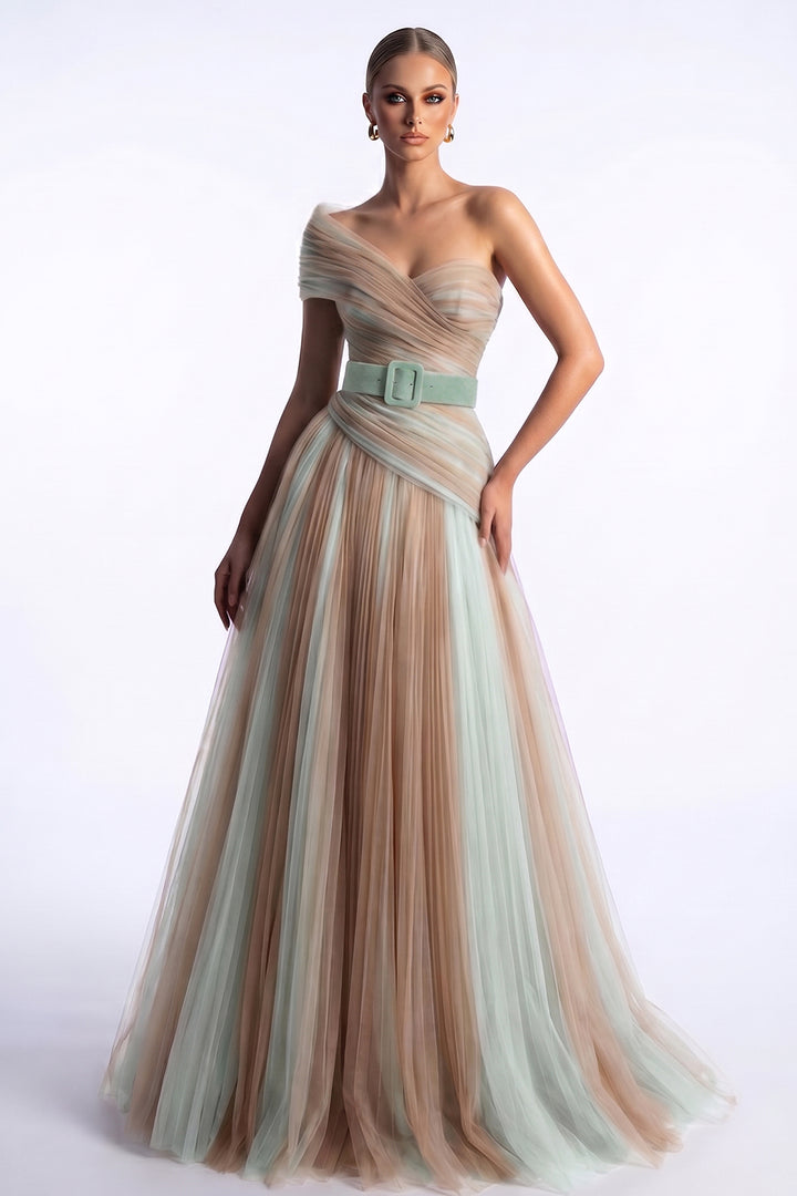 One-Shoulder Belted A-Line Dress