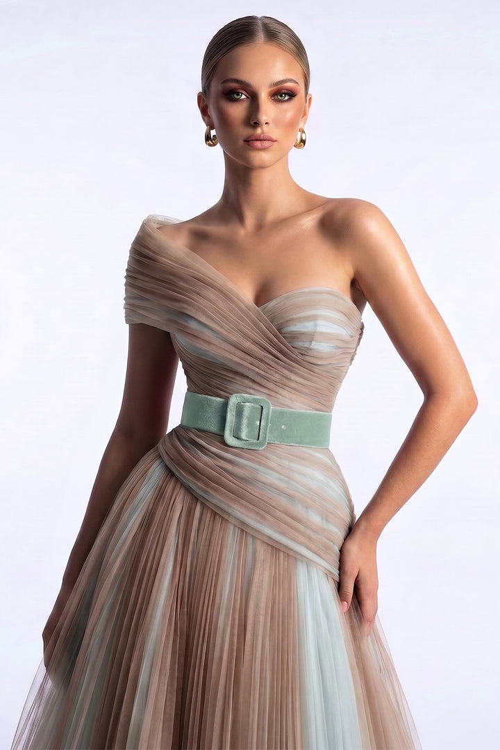 One-Shoulder Belted A-Line Dress
