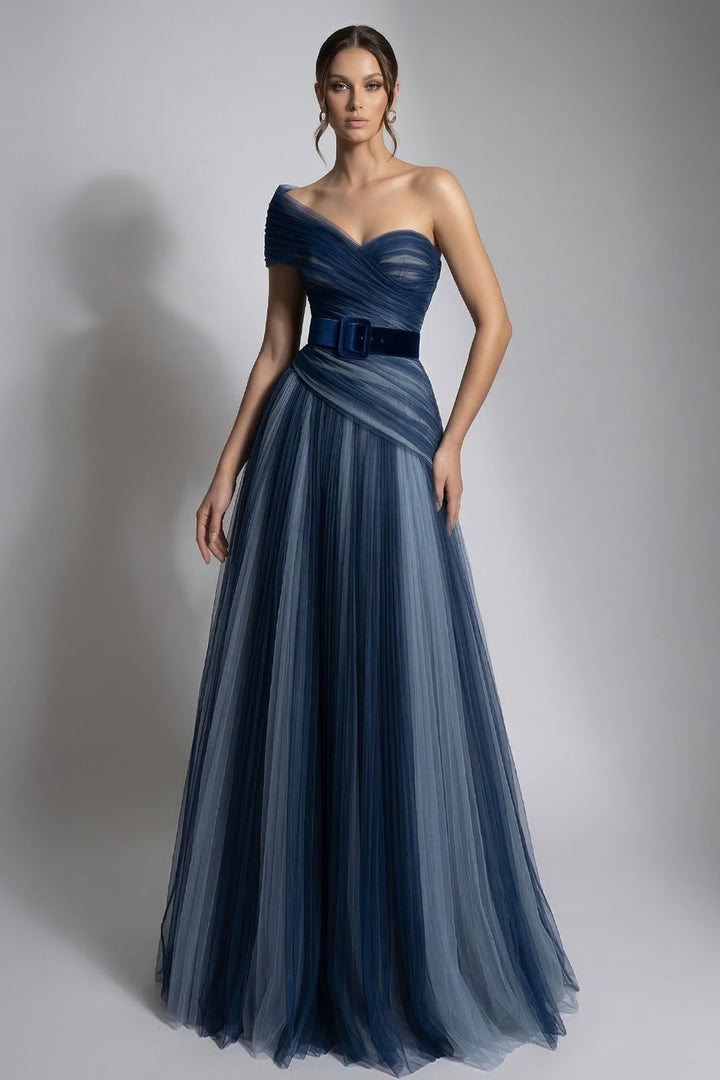 One-Shoulder Belted A-Line Dress